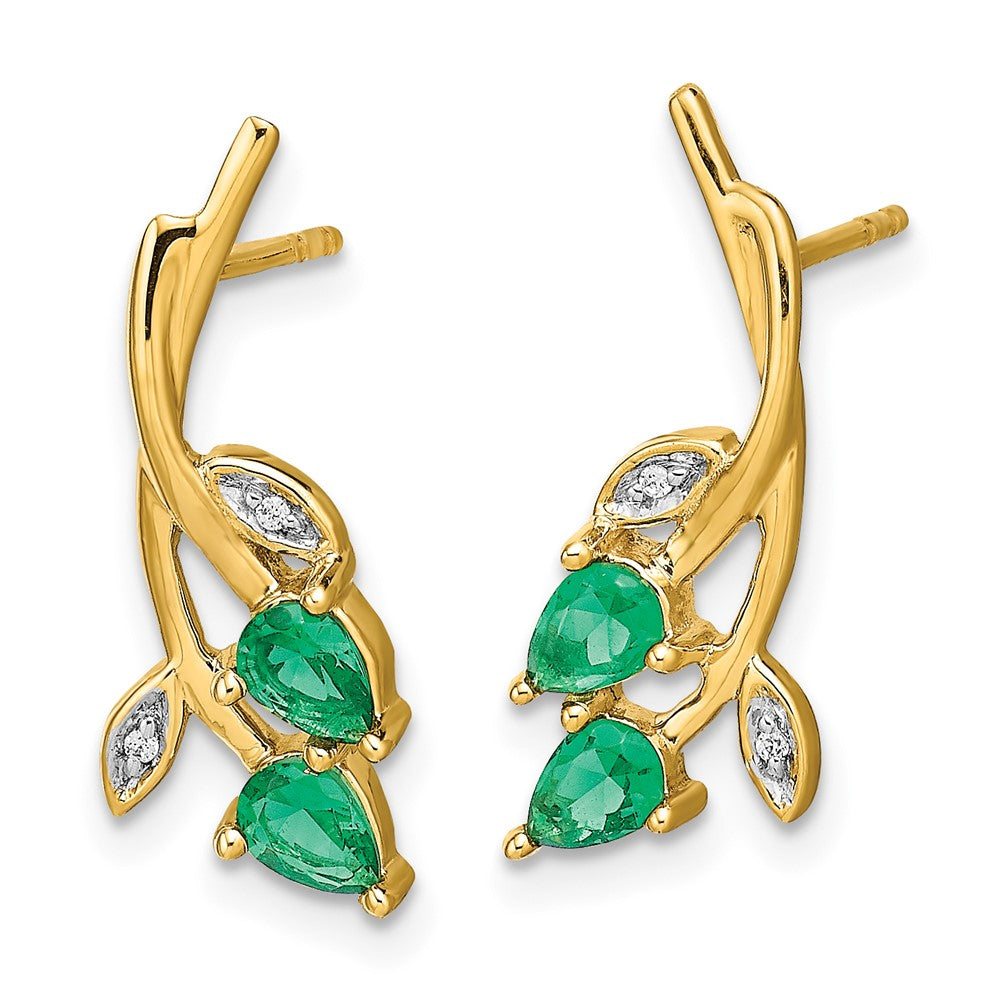 14k Yellow Gold Real Diamond and Pear Emerald Floral Post Earrings