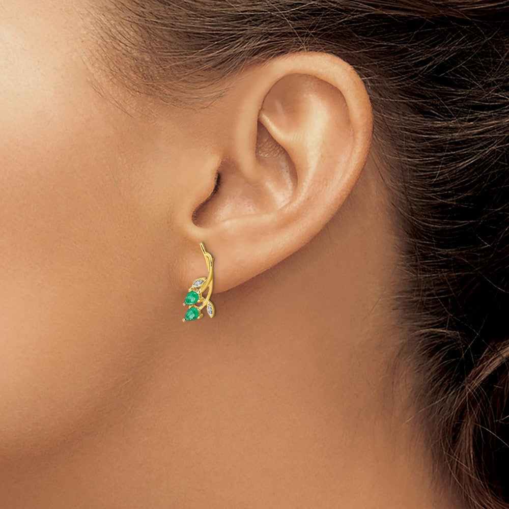 14k Yellow Gold Real Diamond and Pear Emerald Floral Post Earrings