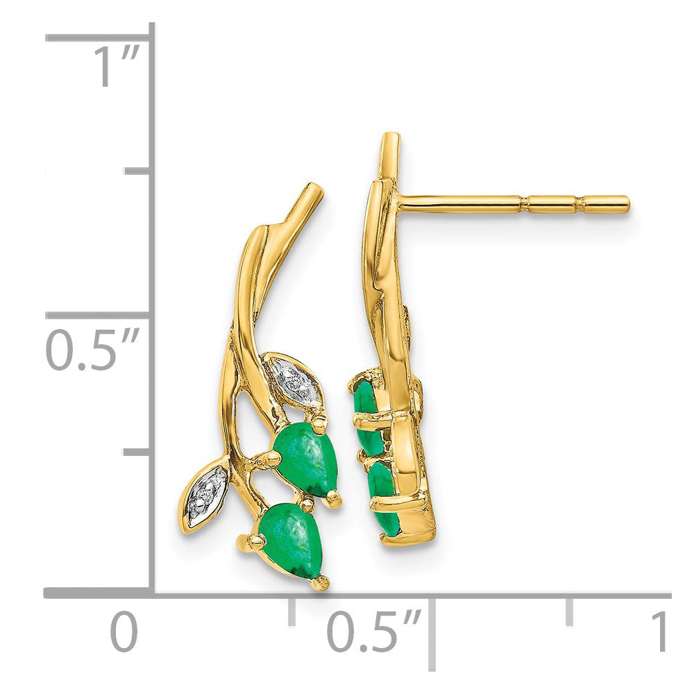 14k Yellow Gold Real Diamond and Pear Emerald Floral Post Earrings