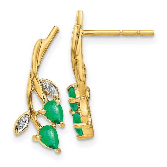 Solid 14k Yellow Gold Simulated CZ and Pear Emerald Floral Post Earrings