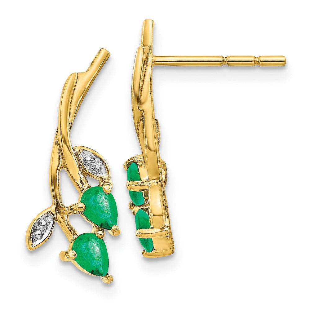 14k Yellow Gold Real Diamond and Pear Emerald Floral Post Earrings