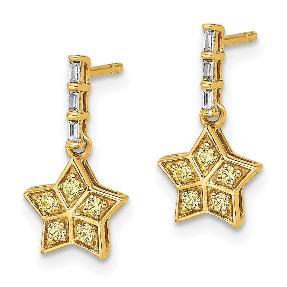 14k Yellow Gold Real Diamond and Yellow Sapphire Star Dangle Earrings