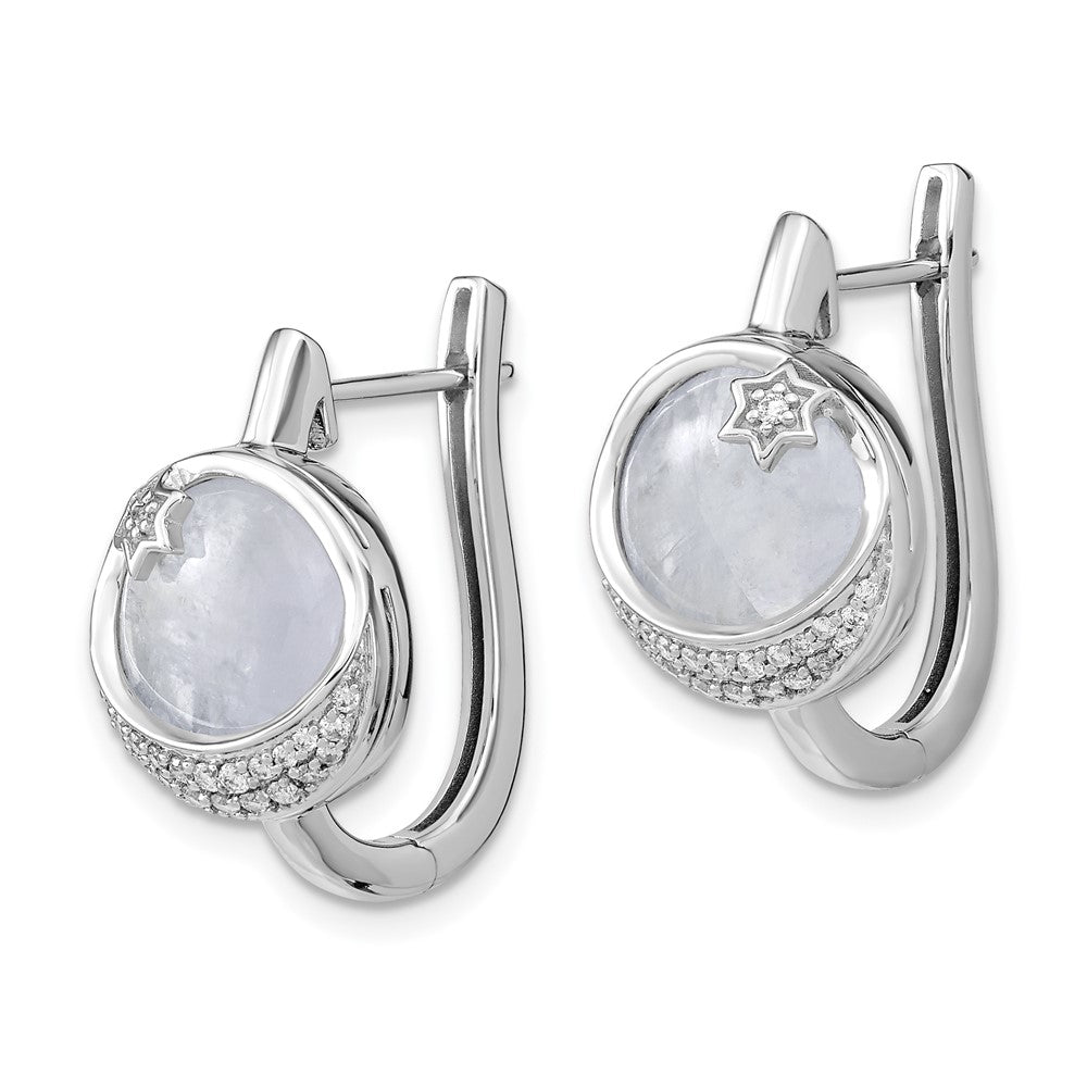 14k White Gold Dia. & Moonstone Moon & Star Hinged Hoop Earrings