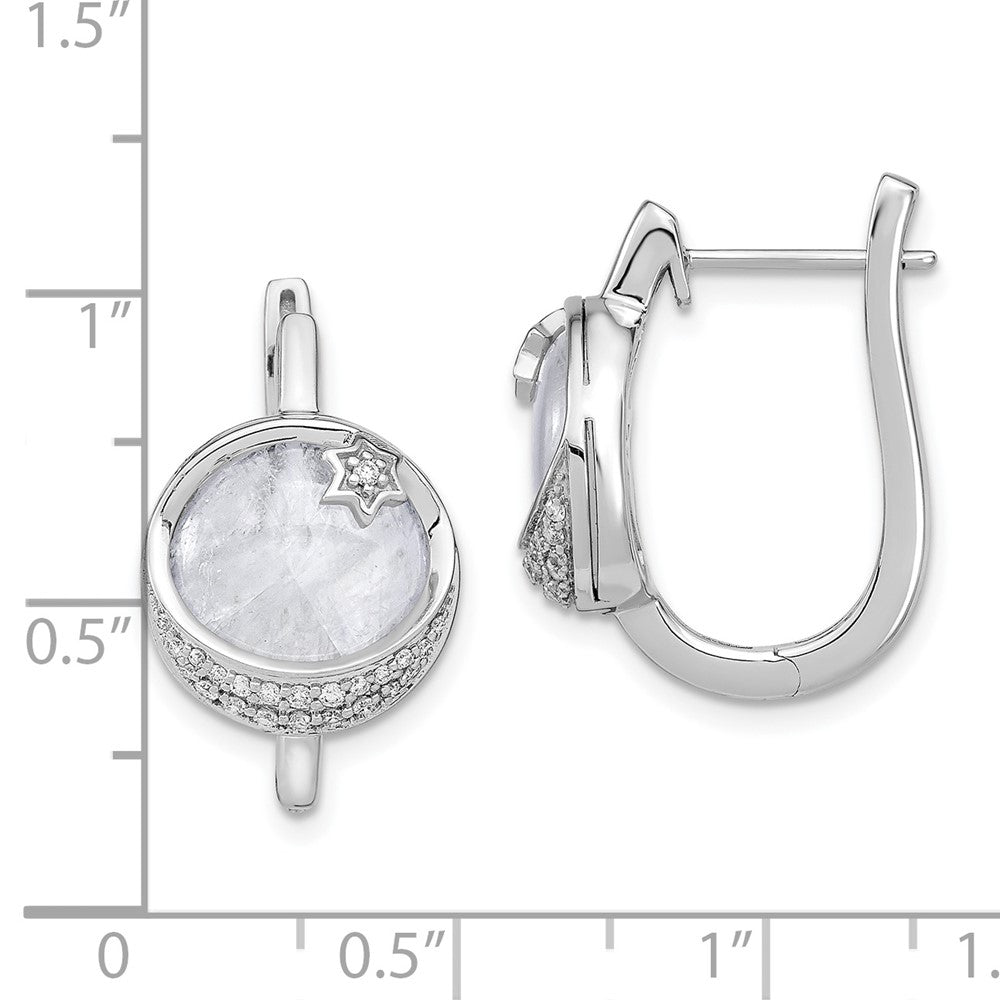 14k White Gold Dia. & Moonstone Moon & Star Hinged Hoop Earrings