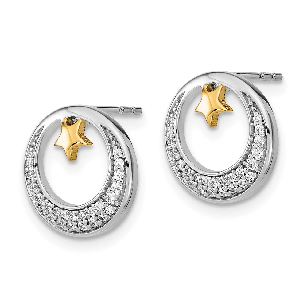 14k Yellow Gold Two-tone Polished Moon and Stars Real Diamond Post Earrings