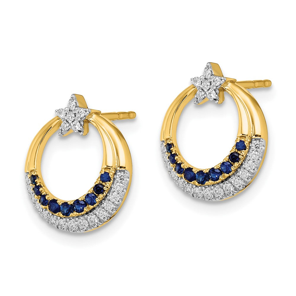 14k Yellow Gold Polished Sapphire and Real Diamond Star and Circle Post Earrings