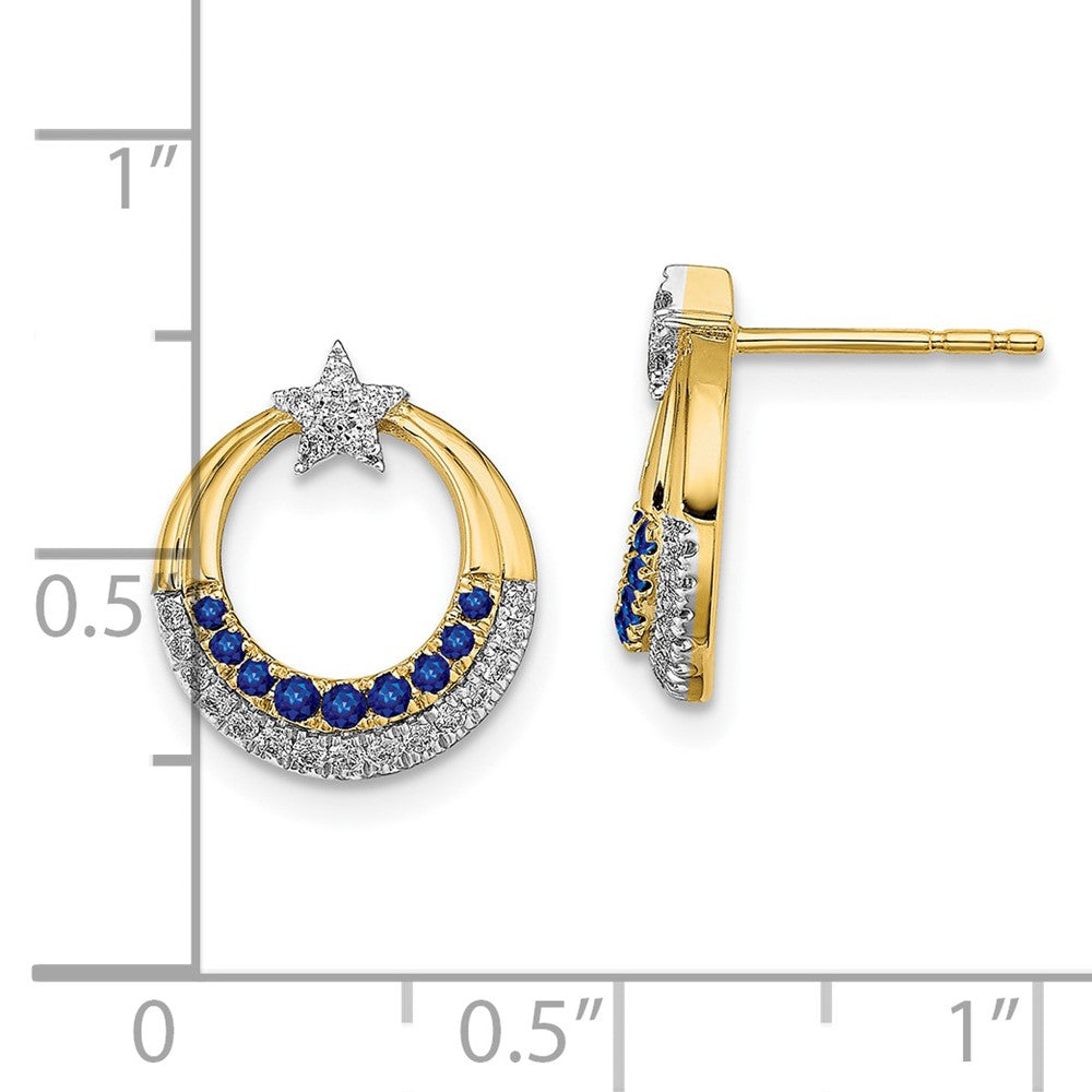 Solid 14k Yellow Gold Polished Simulated Sapphire and CZ Star Circle Post Earrings