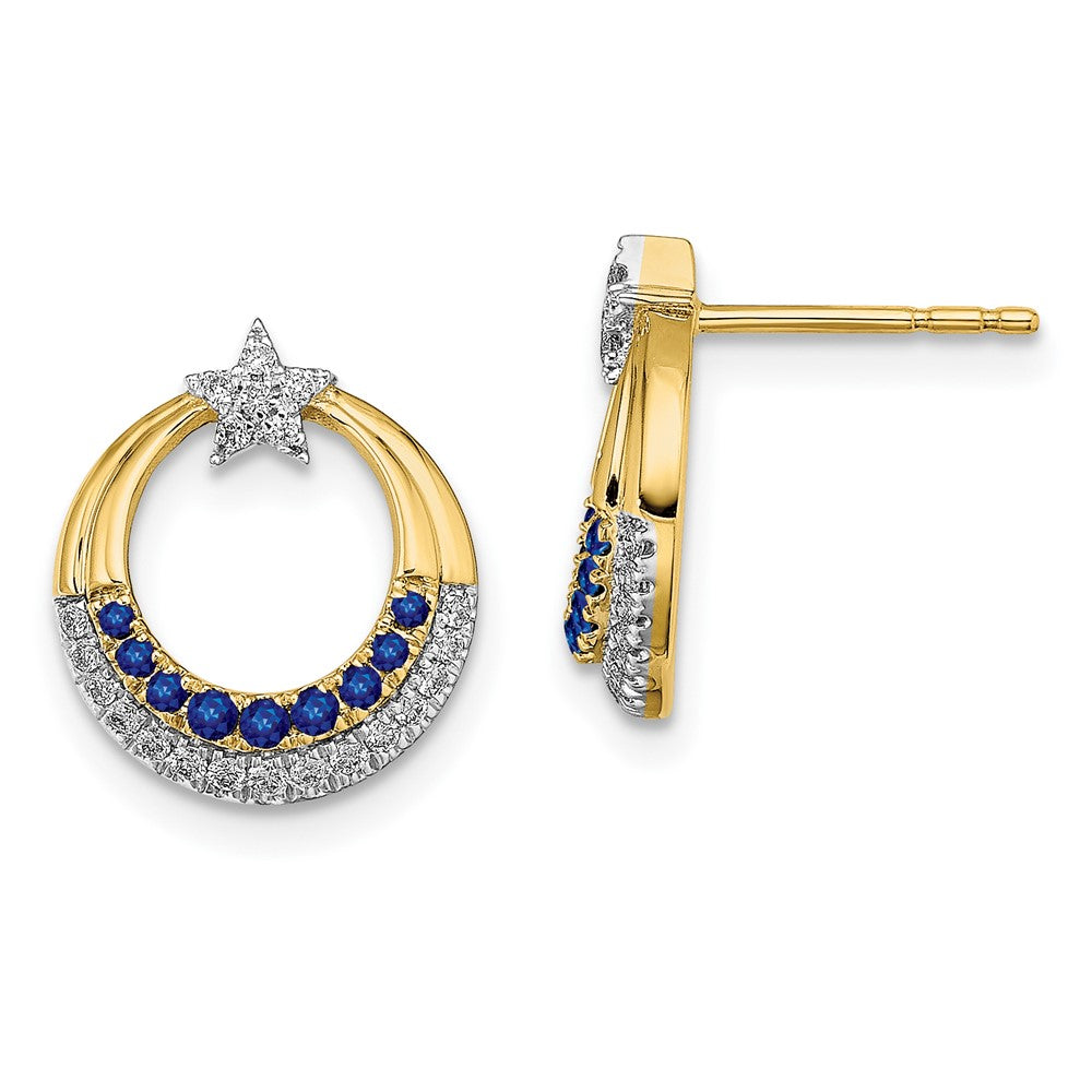 14k Yellow Gold Polished Sapphire and Real Diamond Star and Circle Post Earrings