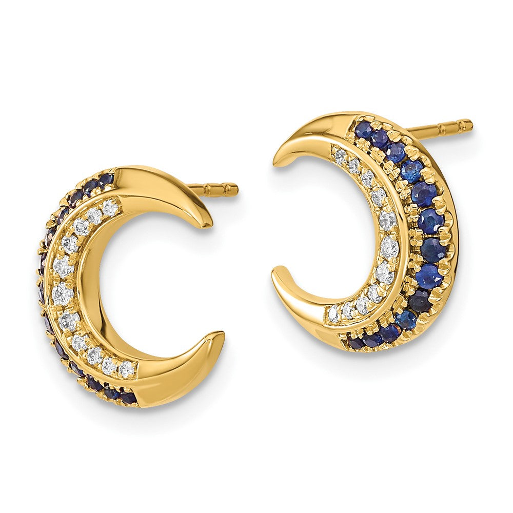 14k Yellow Gold Polished Moon Sapphire and Real Diamond Post Earrings