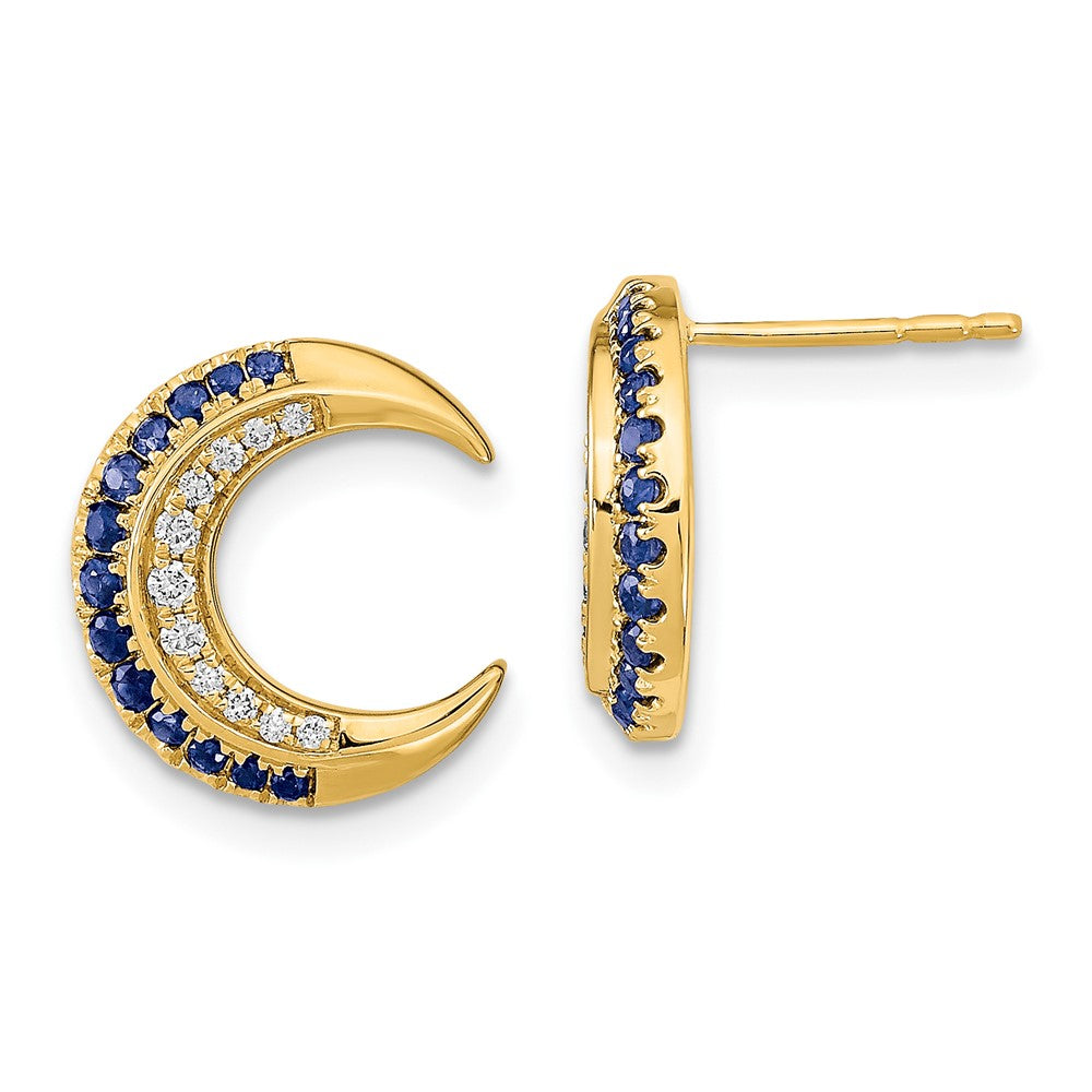 14k Yellow Gold Polished Moon Sapphire and Real Diamond Post Earrings