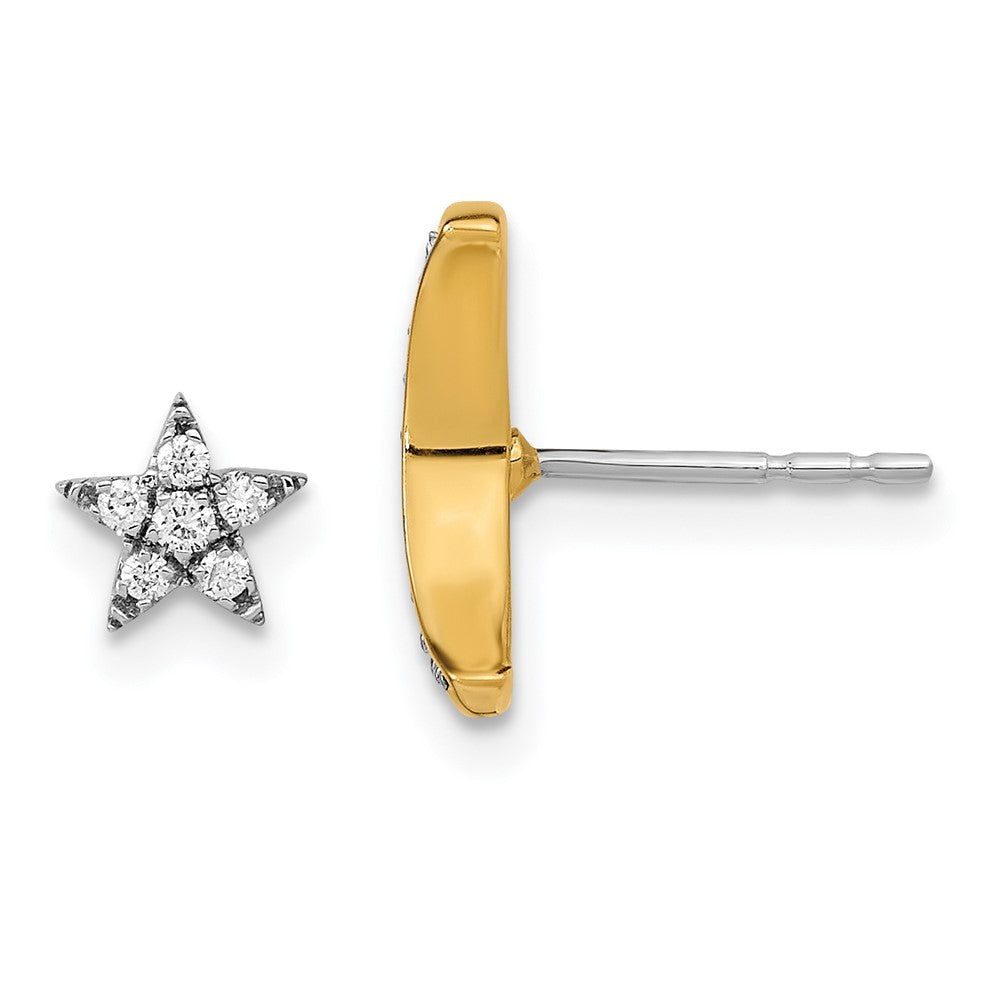 14k Yellow Gold Two-tone Moon andStar Real Diamond Mis-match Post Earrings