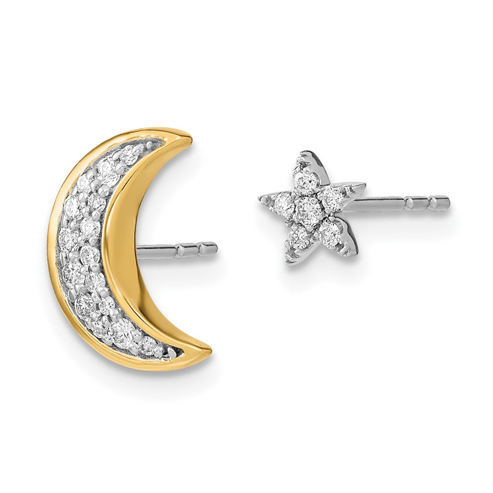 14k Yellow Gold Two-tone Moon andStar Real Diamond Mis-match Post Earrings