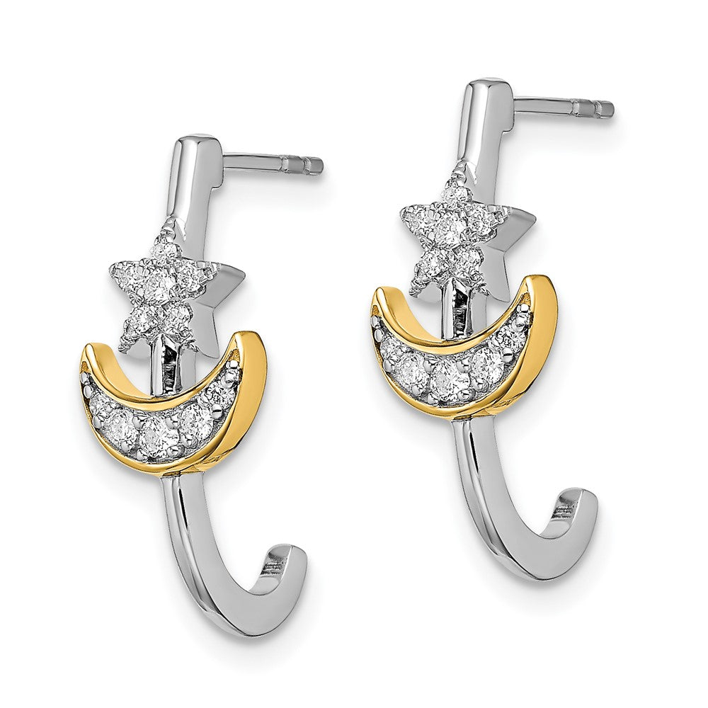 14k Yellow Gold Two-tone Moon w/Star Real Diamond J-hoop Post Earrings