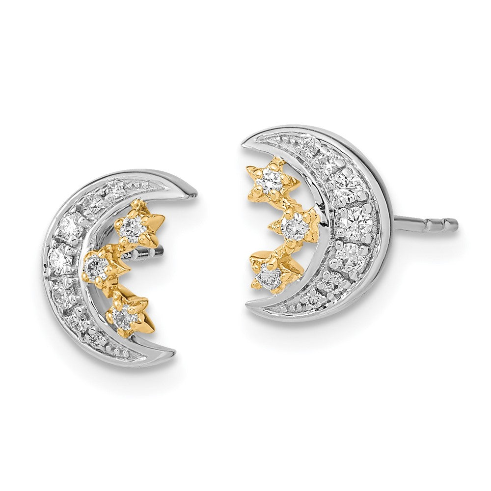 14k Yellow Gold Two-tone Moon w/3Stars Real Diamond Post Earrings