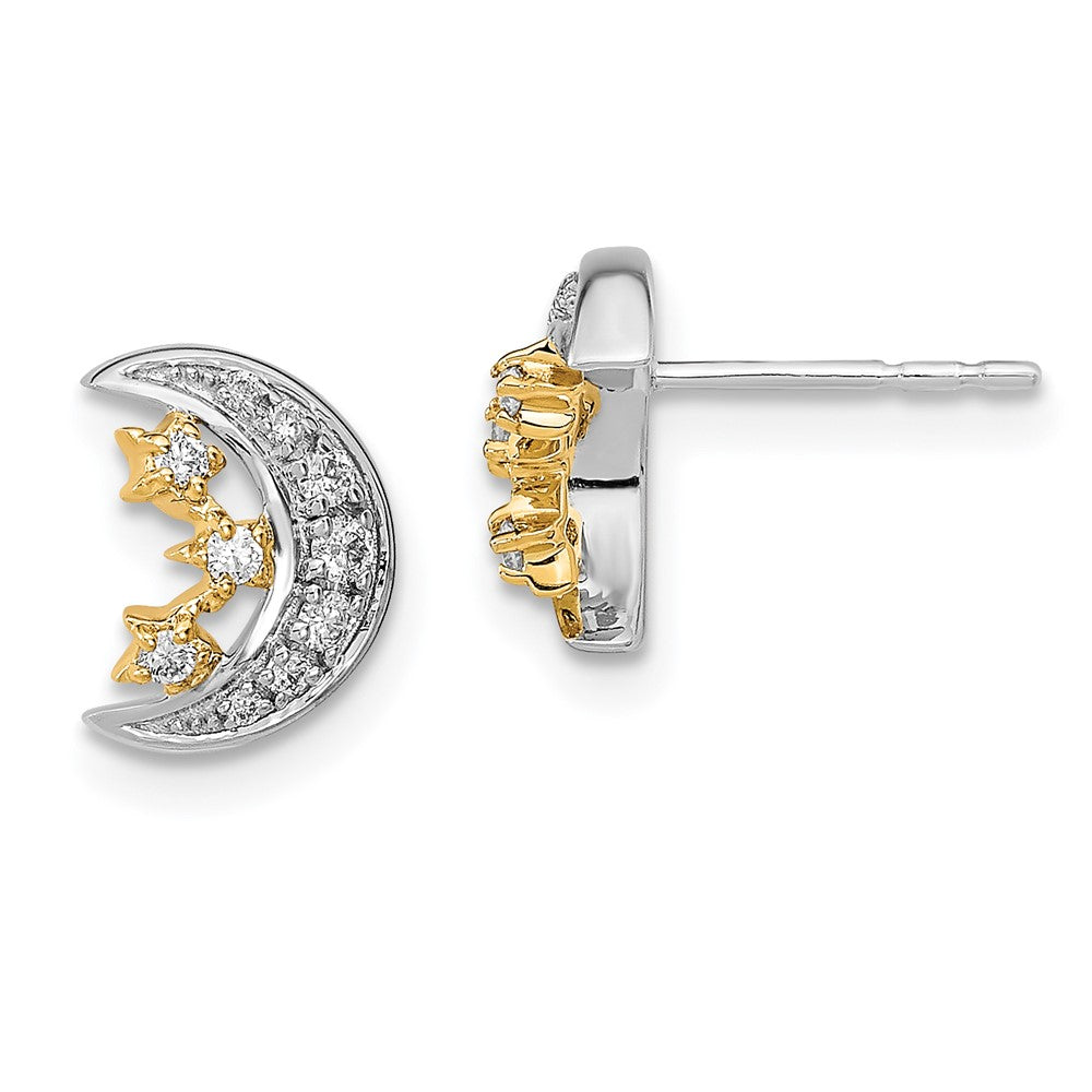 14k Yellow Gold Two-tone Moon w/3Stars Real Diamond Post Earrings