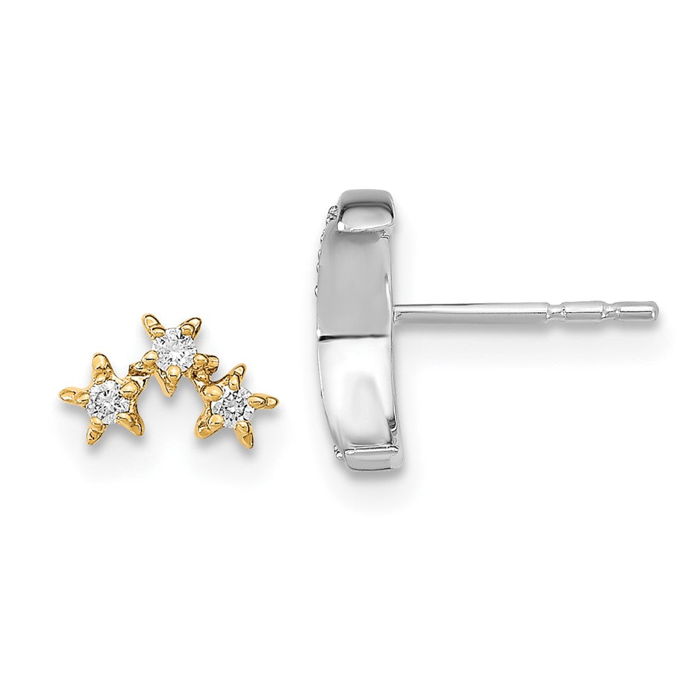 14k Yellow Gold Two-tone Moon and 3-Stars Real Diamond Mis-match Post Earrings