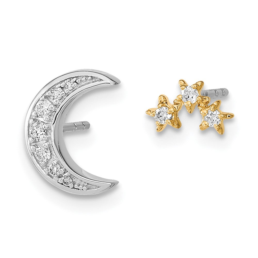 14k Yellow Gold Two-tone Moon and 3-Stars Real Diamond Mis-match Post Earrings