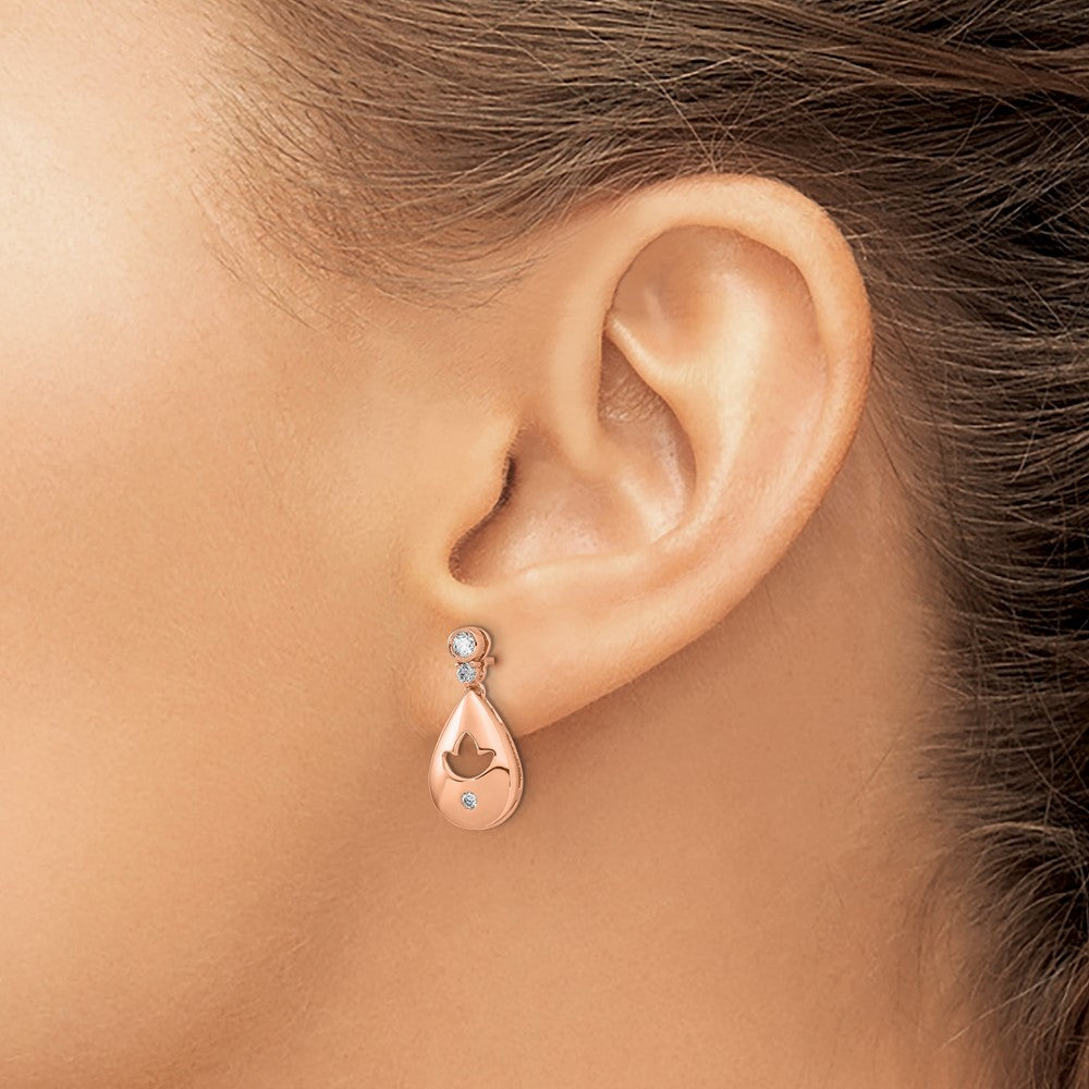 Solid 14k Rose Gold Simulated CZ Teardrop w/flower Dangle Post Earrings