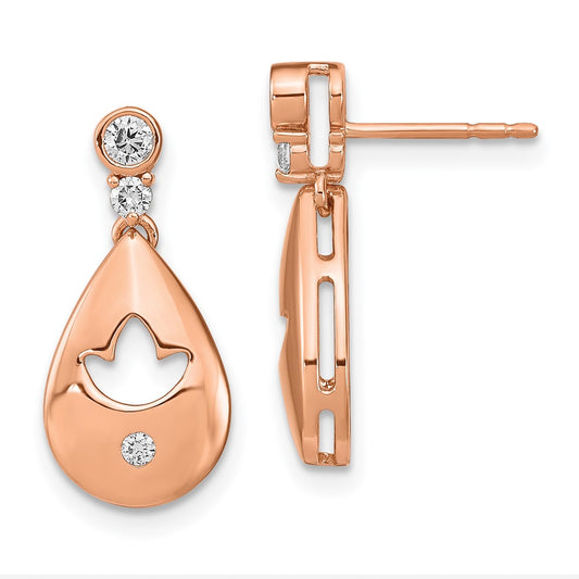 Solid 14k Rose Gold Simulated CZ Teardrop w/flower Dangle Post Earrings