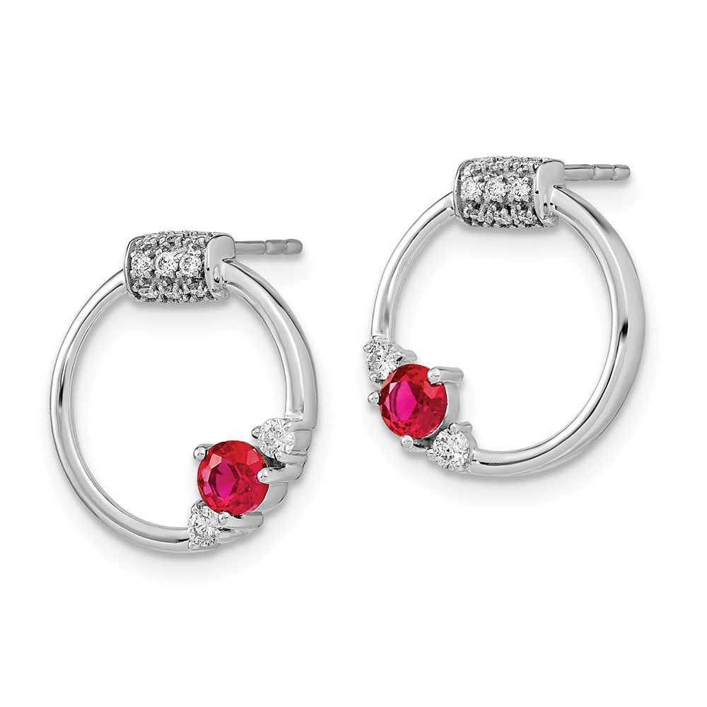 14k White Polished Real Diamond and Ruby Circle Post Earrings