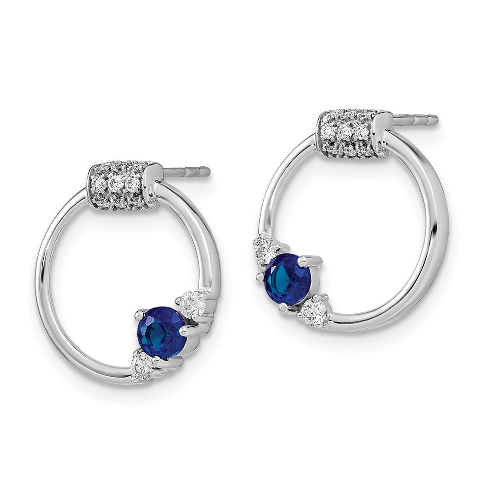 14k White Polished Real Diamond and Blue Sapphire Circle Post Earrings