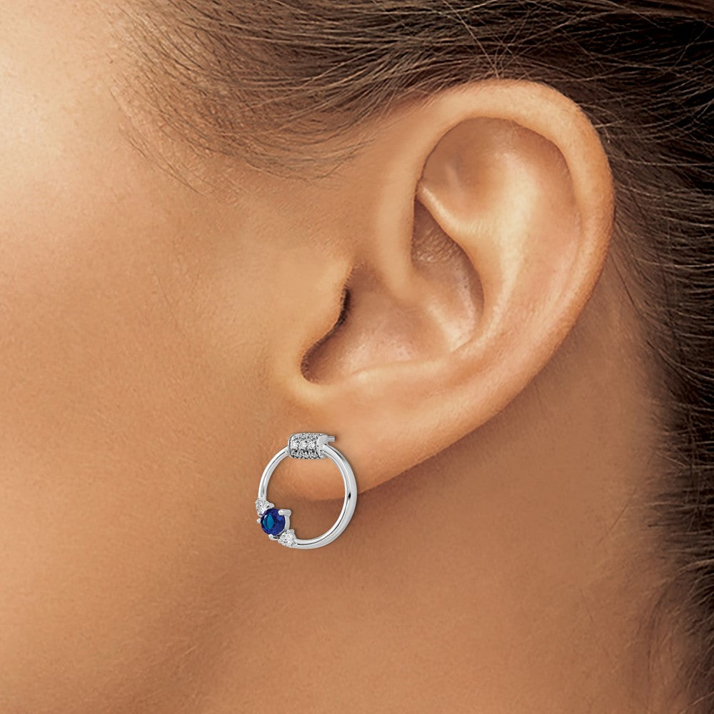 14k White Polished Real Diamond and Blue Sapphire Circle Post Earrings