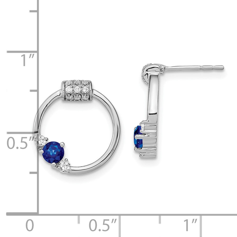 14k White Polished Real Diamond and Blue Sapphire Circle Post Earrings