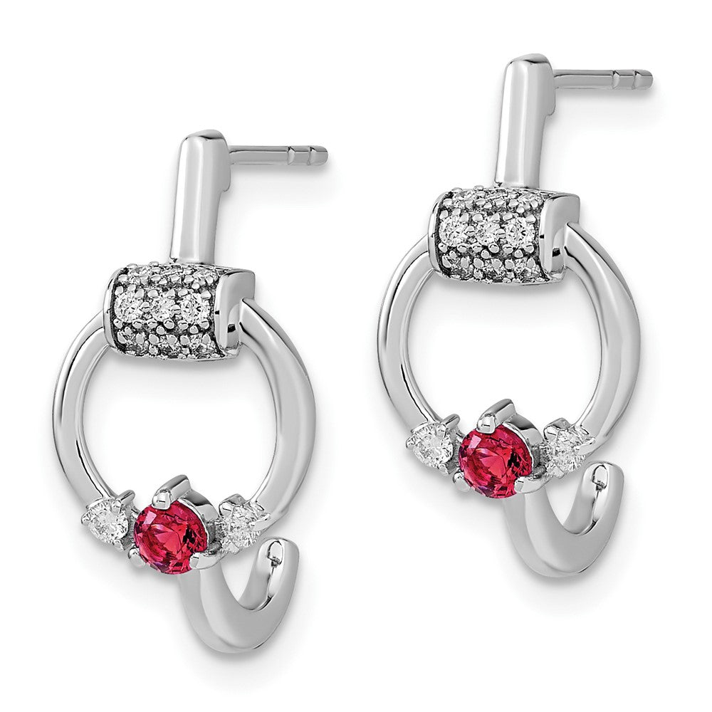 14k White Polished Real Diamond and Ruby Circle J-hoop Earrings