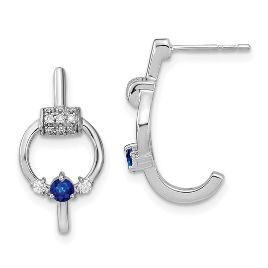 14k White Polished Real Diamond and Blue Sapphire Circle J-hoop Earrings