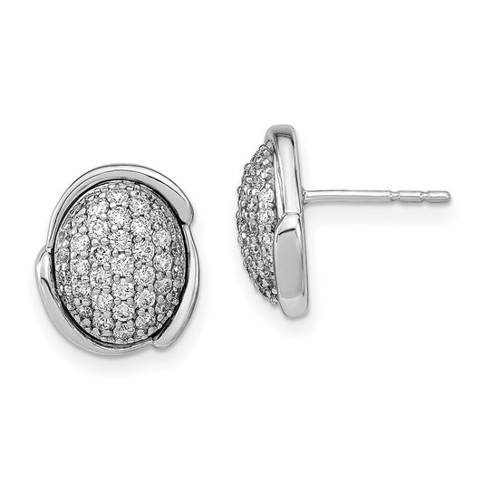 Solid 14k White Gold Polished Oval Pave Simulated CZ Post Earrings