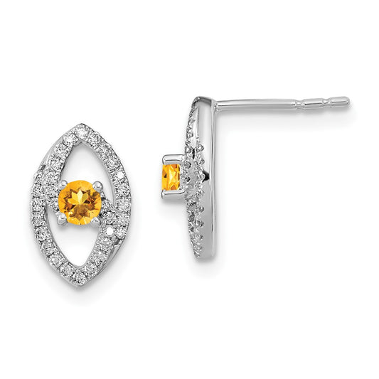 Solid 14k White Gold Polished Simulated CZ and Citrine Post Earrings