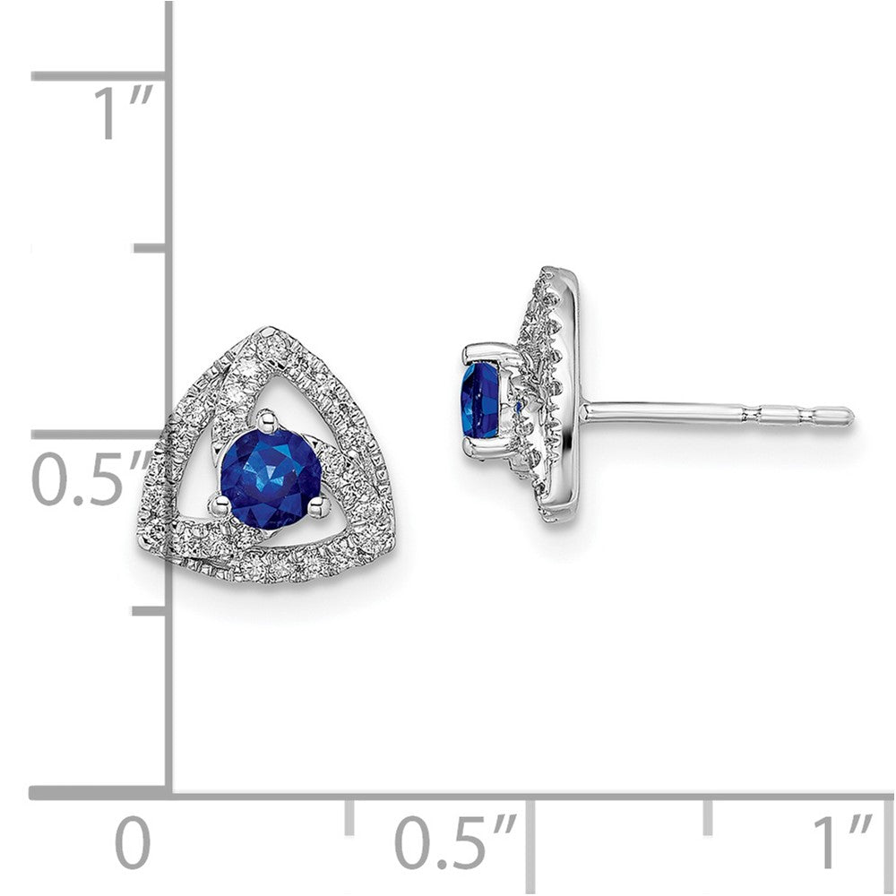 14k White Gold Real Diamond and Blue Sapphire Triangle Post Earrings