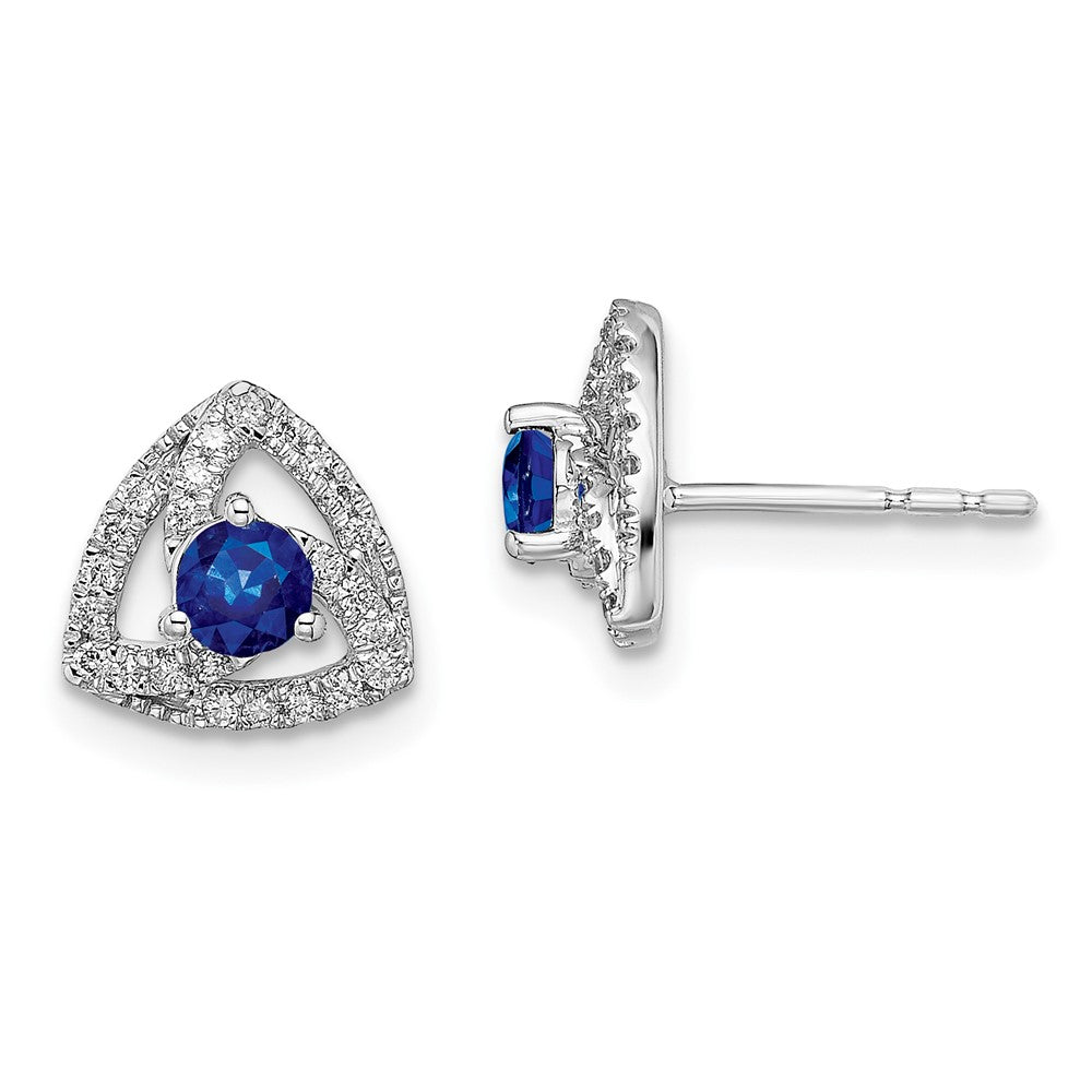 14k White Gold Real Diamond and Blue Sapphire Triangle Post Earrings