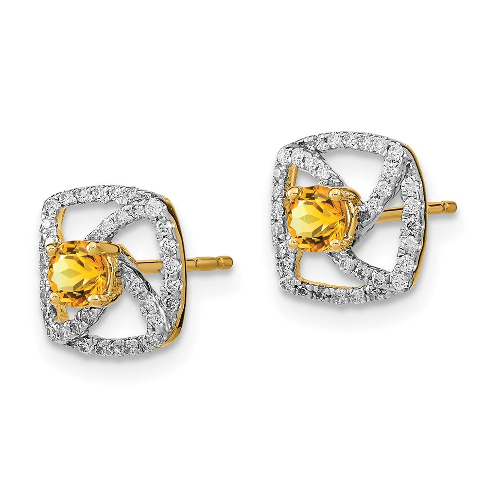 Solid 14k Yellow Gold Polished Simulated CZ and Citrine Square Post Earrings