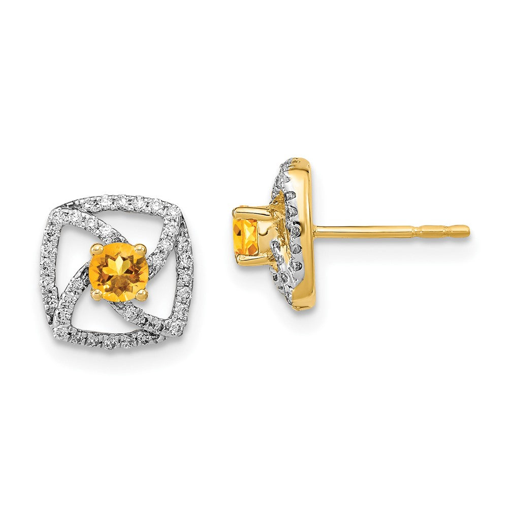 Solid 14k Yellow Gold Polished Simulated CZ and Citrine Square Post Earrings