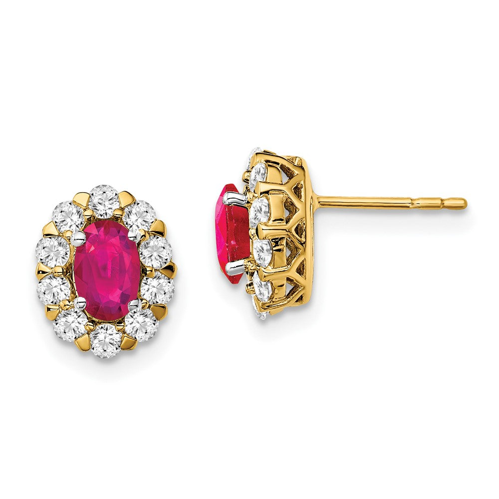 Solid 14k Yellow Gold Oval Simulated Ruby and CZ Halo Post Earrings