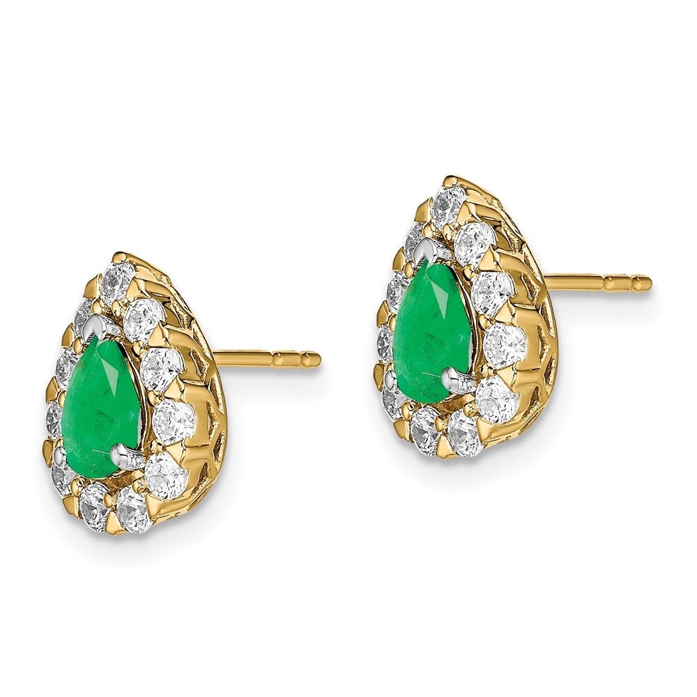 Solid 14k Yellow Gold Pear Simulated Emerald and CZ Halo Post Earrings