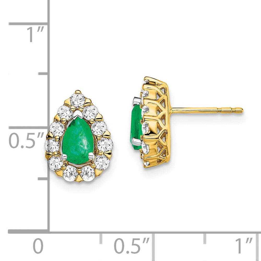 Solid 14k Yellow Gold Pear Simulated Emerald and CZ Halo Post Earrings