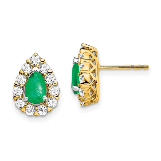 Solid 14k Yellow Gold Pear Simulated Emerald and CZ Halo Post Earrings