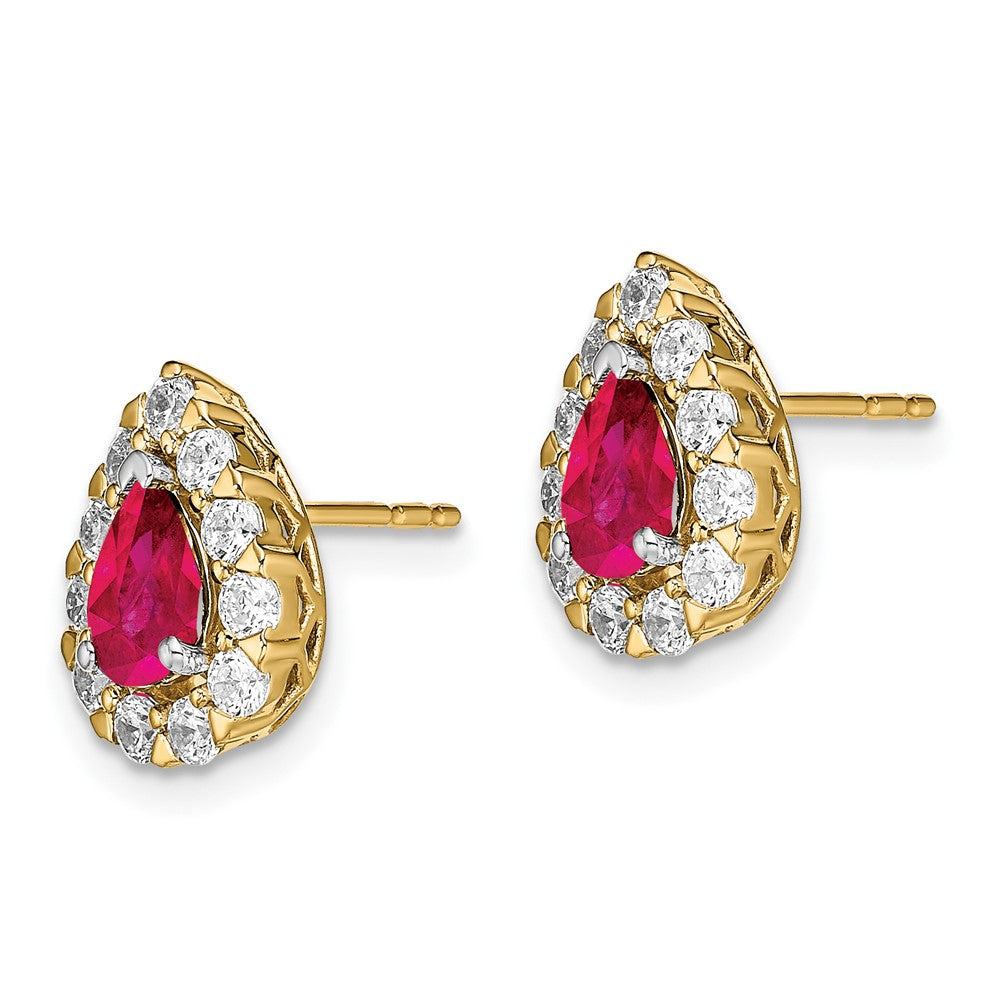 Solid 14k Yellow Gold Pear Simulated Ruby and CZ Halo Post Earrings