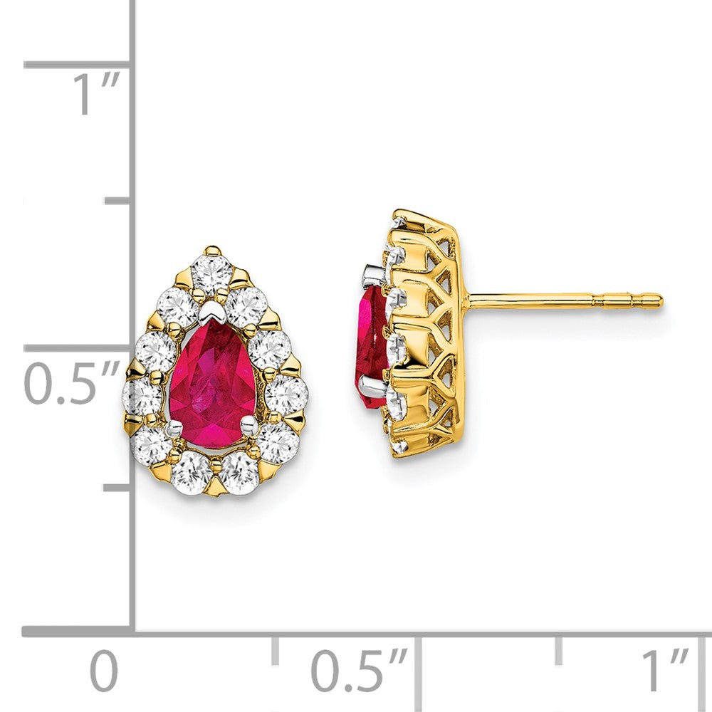 Solid 14k Yellow Gold Pear Simulated Ruby and CZ Halo Post Earrings