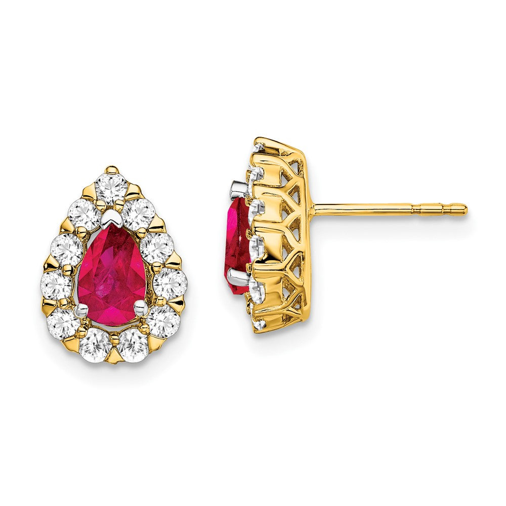 Solid 14k Yellow Gold Pear Simulated Ruby and CZ Halo Post Earrings