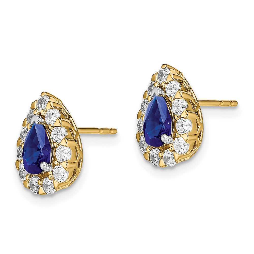 Solid 14k Yellow Gold Pear Simulated Sapphire and CZ Halo Post Earrings