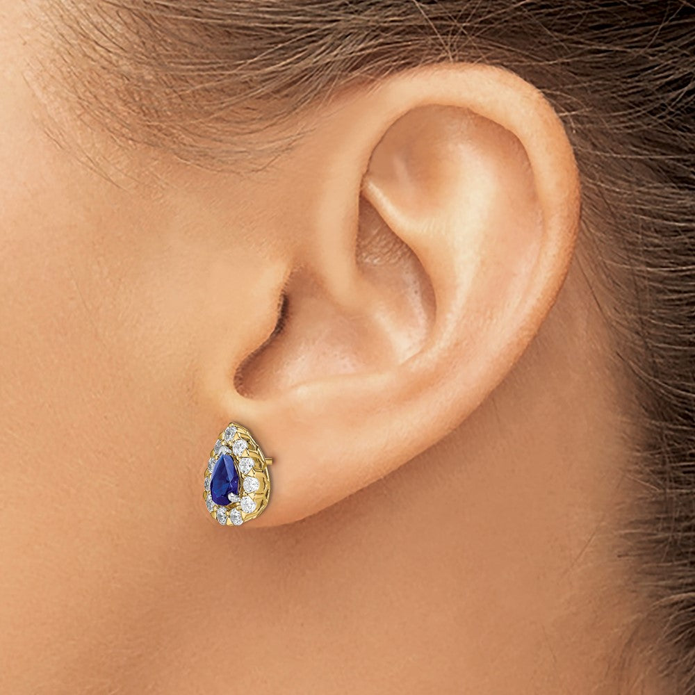 Solid 14k Yellow Gold Pear Simulated Sapphire and CZ Halo Post Earrings