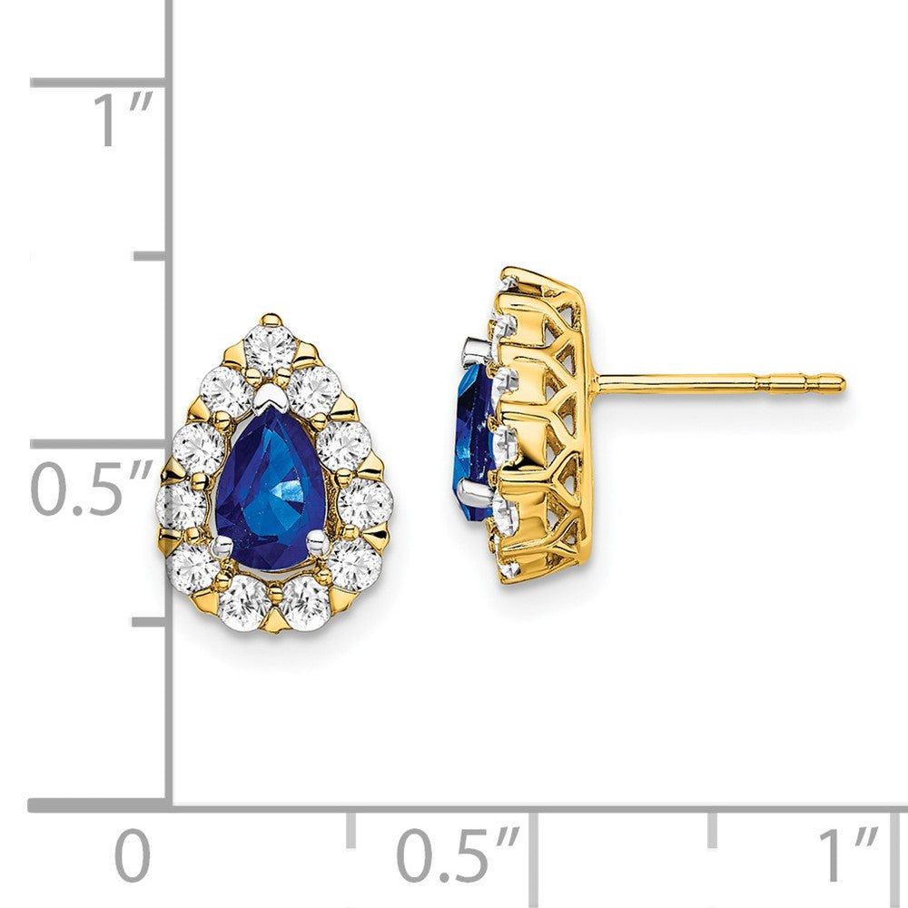 Solid 14k Yellow Gold Pear Simulated Sapphire and CZ Halo Post Earrings