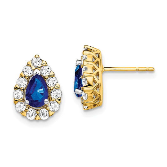 14k Yellow Gold Pear Sapphire and Real Diamond Halo Post Earrings