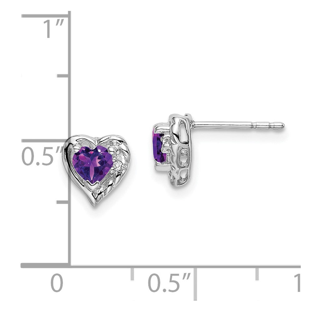 Solid 14k White Gold Simulated Amethyst and CZ Heart Earrings