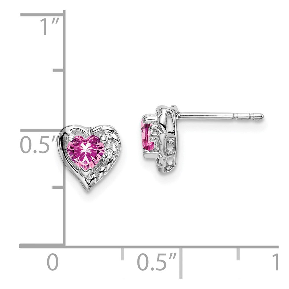 14k White Gold Created Pink Sapphire and Real Diamond Heart Earrings