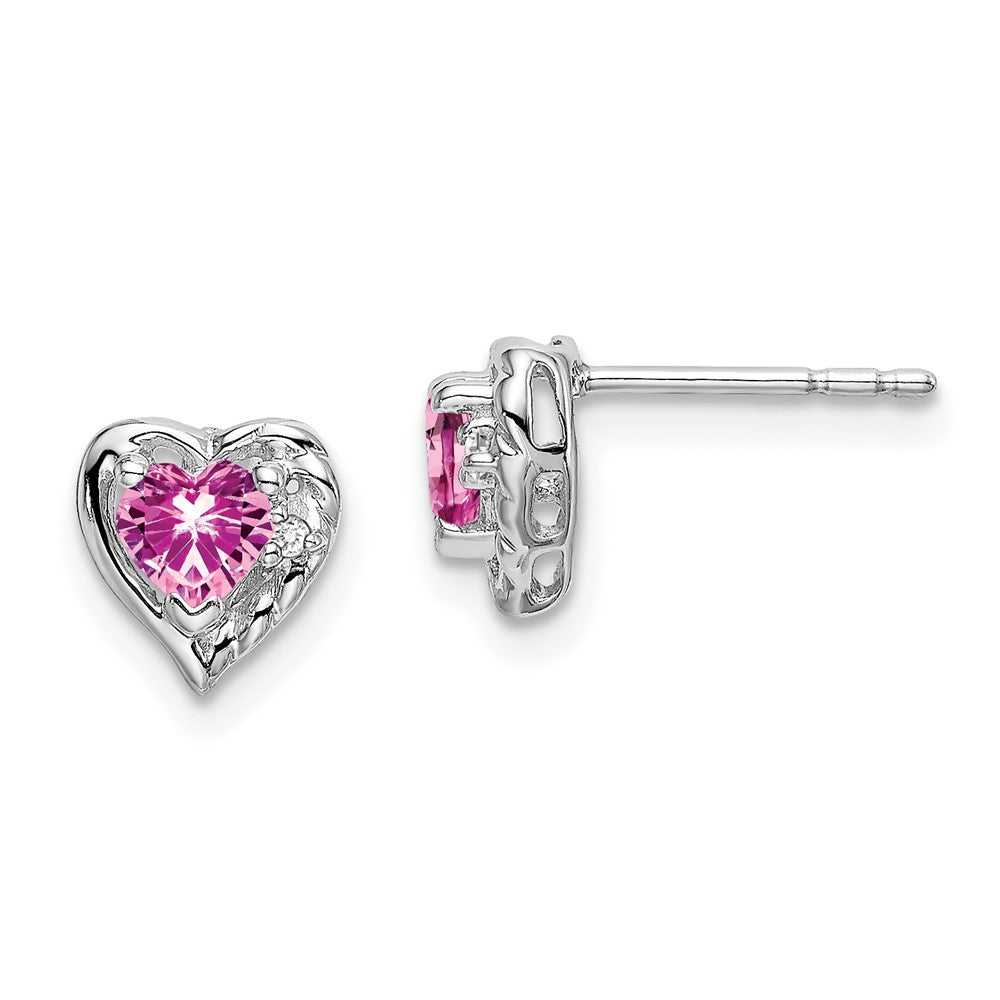 14k White Gold Created Pink Sapphire and Real Diamond Heart Earrings