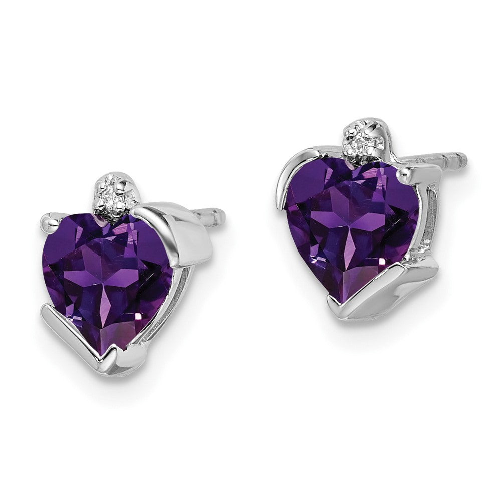 Solid 14k White Gold Simulated Amethyst and CZ Heart Earrings